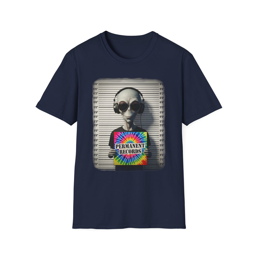Alien Mugshot T‑Shirt — "Permanent Vacation" Retro Headphones Graphic Tee
