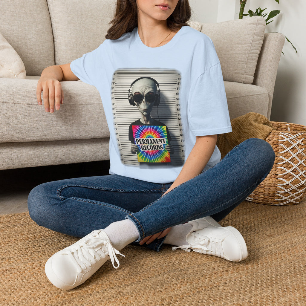 Alien Mugshot T‑Shirt — "Permanent Vacation" Retro Headphones Graphic Tee
