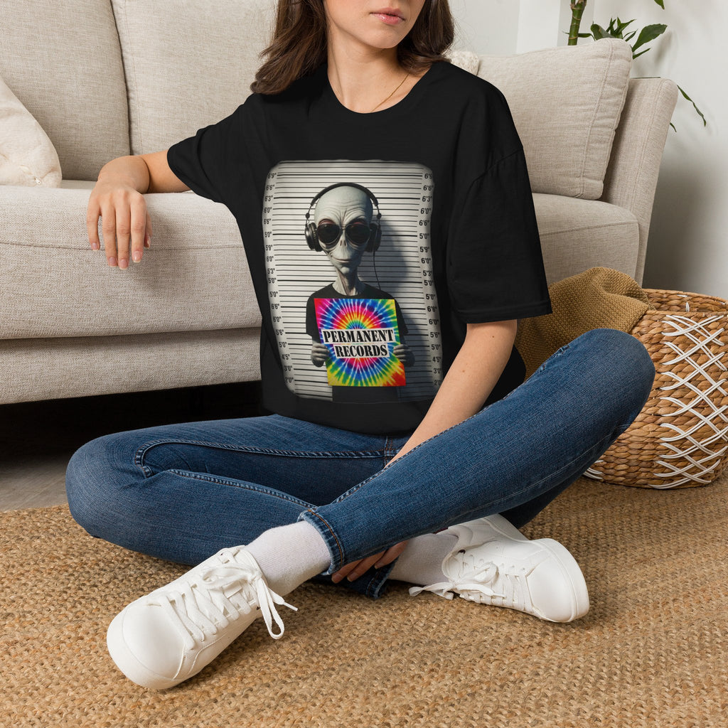 Alien Mugshot T‑Shirt — "Permanent Vacation" Retro Headphones Graphic Tee