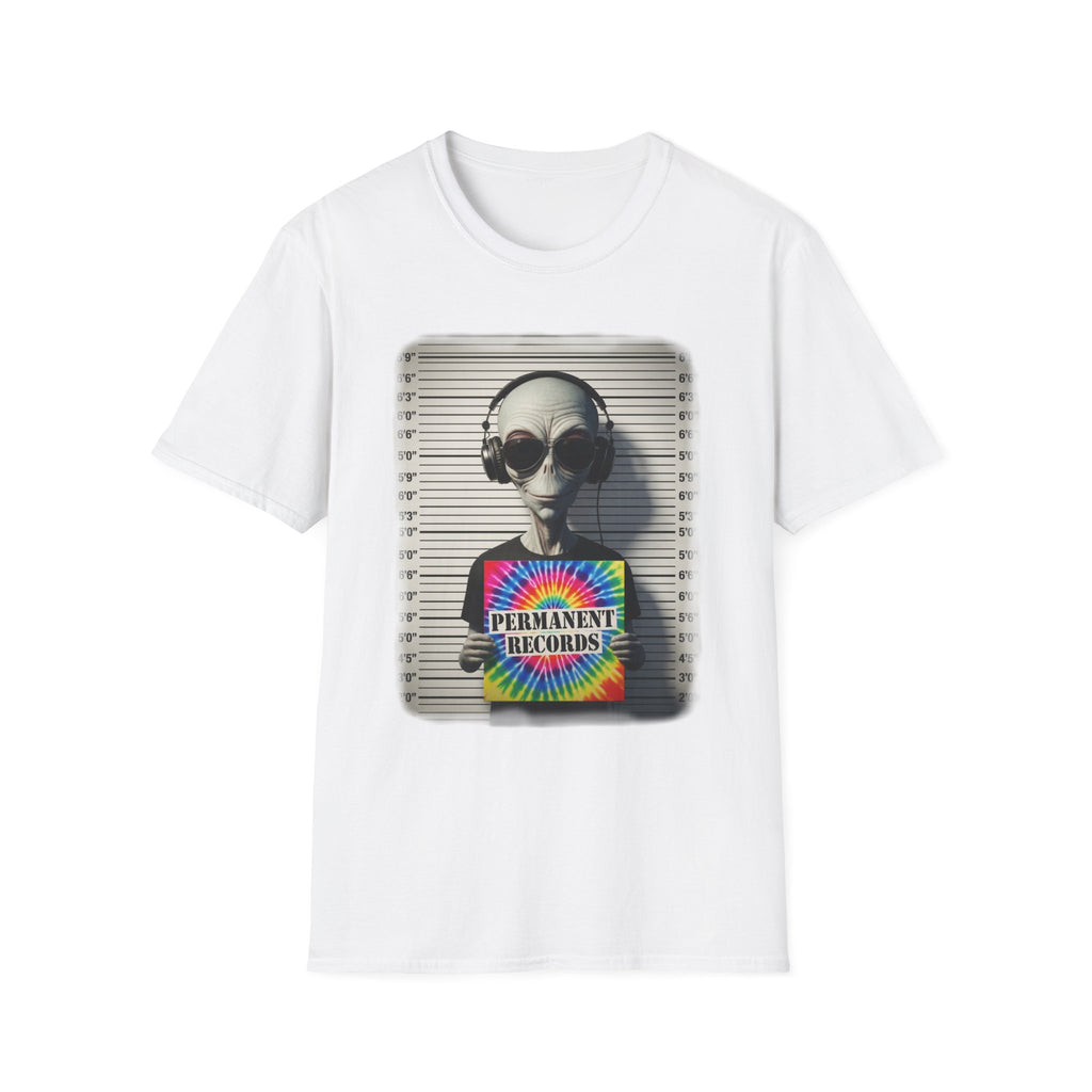 Alien Mugshot T‑Shirt — "Permanent Vacation" Retro Headphones Graphic Tee