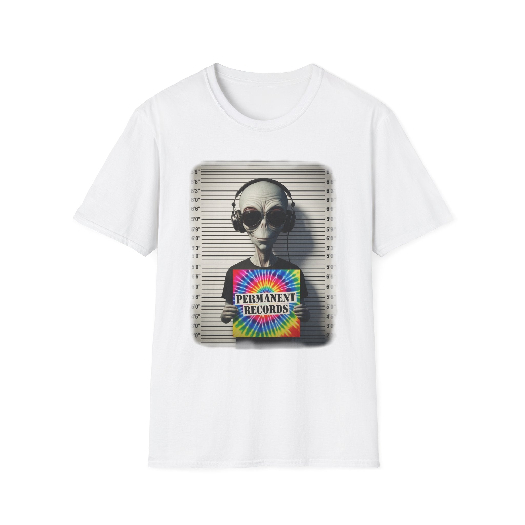 Alien Mugshot T‑Shirt — "Permanent Vacation" Retro Headphones Graphic Tee
