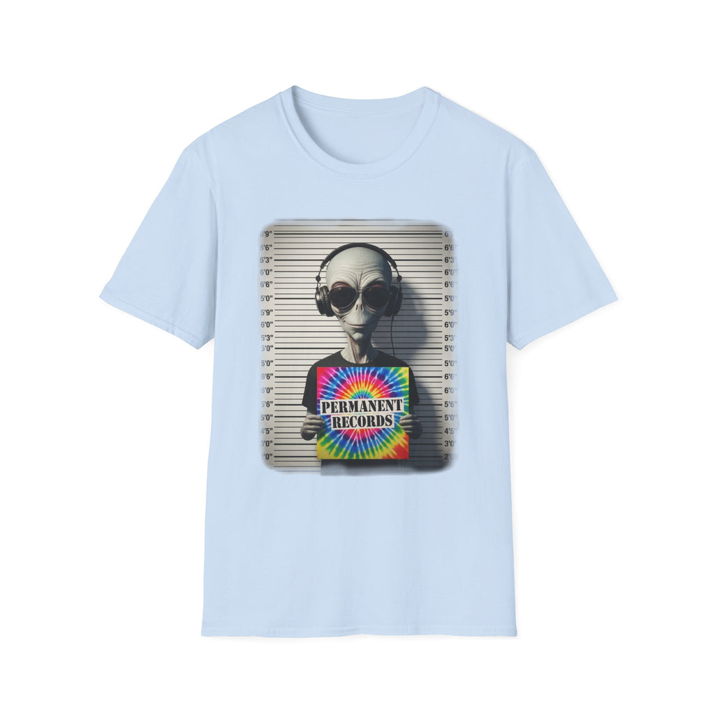 Alien Mugshot T‑Shirt — "Permanent Vacation" Retro Headphones Graphic Tee