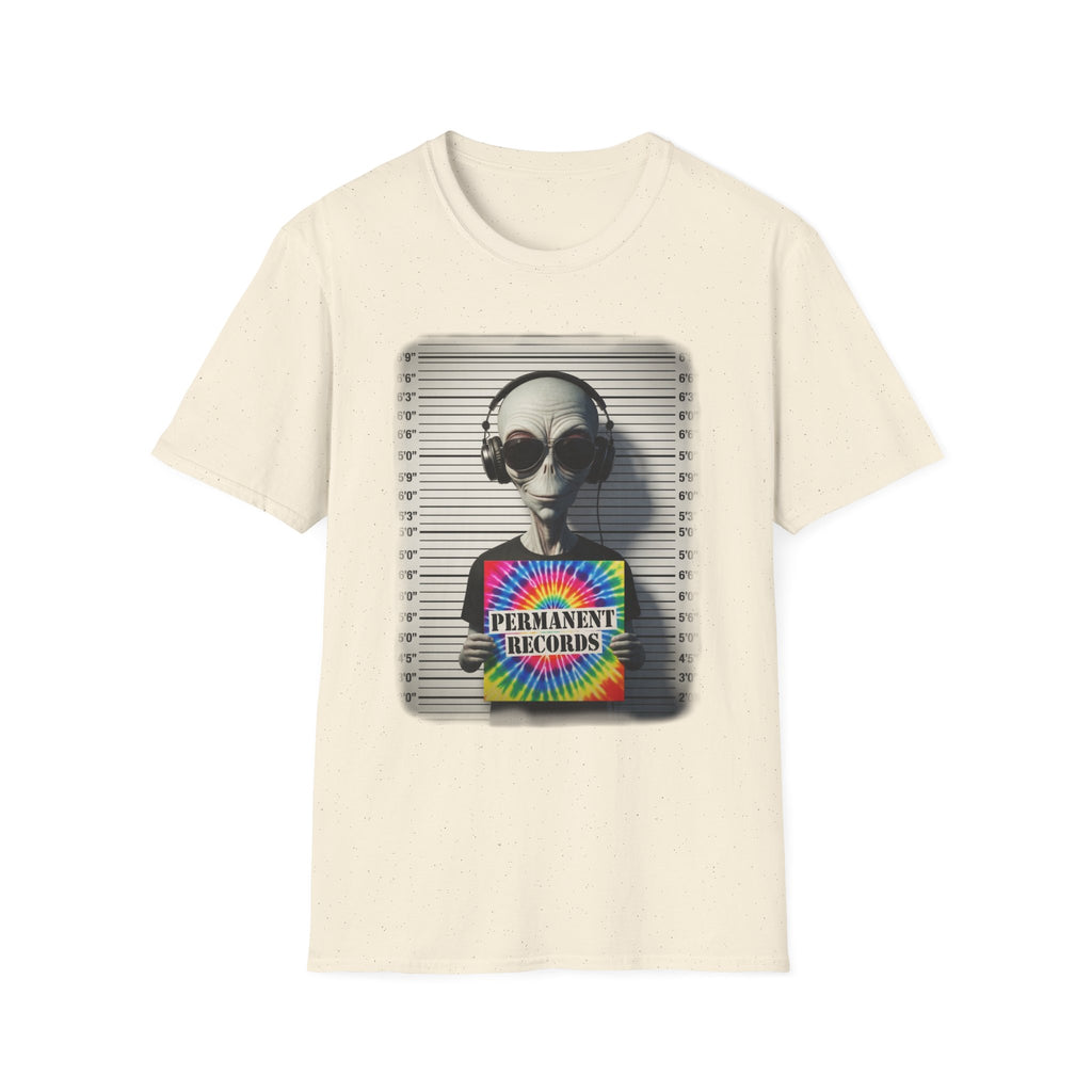 Alien Mugshot T‑Shirt — "Permanent Vacation" Retro Headphones Graphic Tee